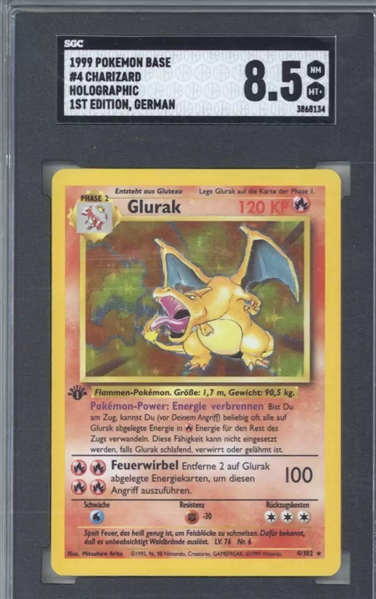 1999 Pokemon Base Charizard #4 Glurak 1st Edition German (SGC 8.5)(SGC Encapsulated)