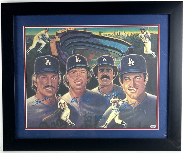 Dodgers 1981 World Series Champs Signed 16" x 20" Print with Garvey, Cey, Lopes and Russell (PSA/DNA COA)