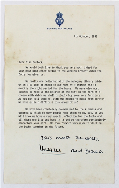 Princess Diana & Prince Charles Dual Signed 1981 Letter on Buckingham Palace Letterhead (Beckett/BAS LOA)