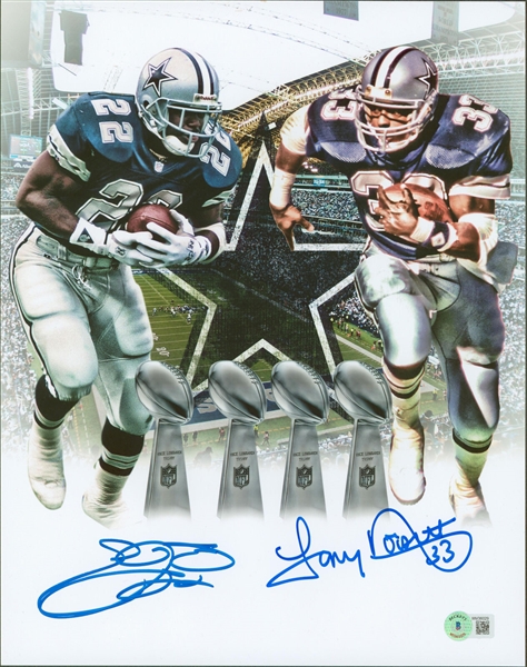 Cowboys HOF Backs: Emmitt Smith & Tony Dorsett Dual Signed 11" x 14" Color Photo (Beckett/BAS Witnessed)