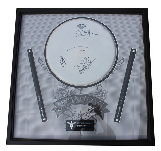 Bon Jovi 2001 Tour-Used & Group Signed Drum Head and Sticks Display (ACOA Authentication)