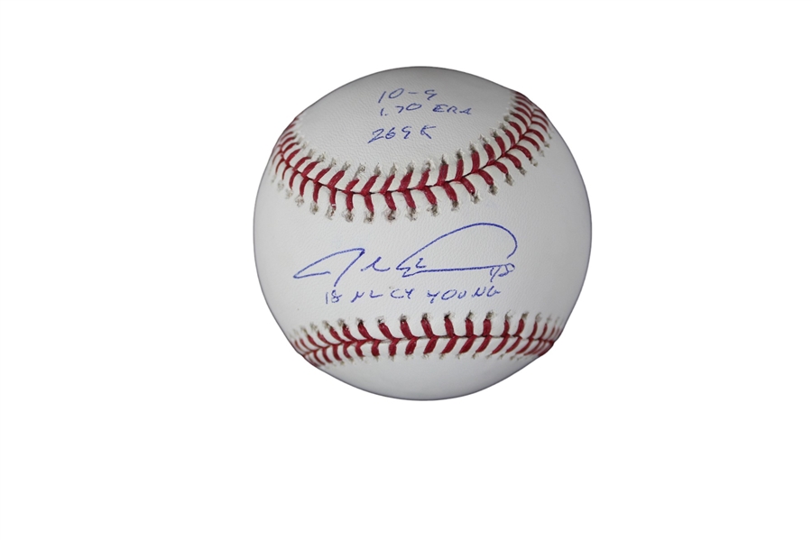 Jacob DeGrom Signed and Numbered OML Baseball with "18 NL Cy Young 10-9 1.70 ERA 269 K" Inscriptions (MLB & Fanatics)