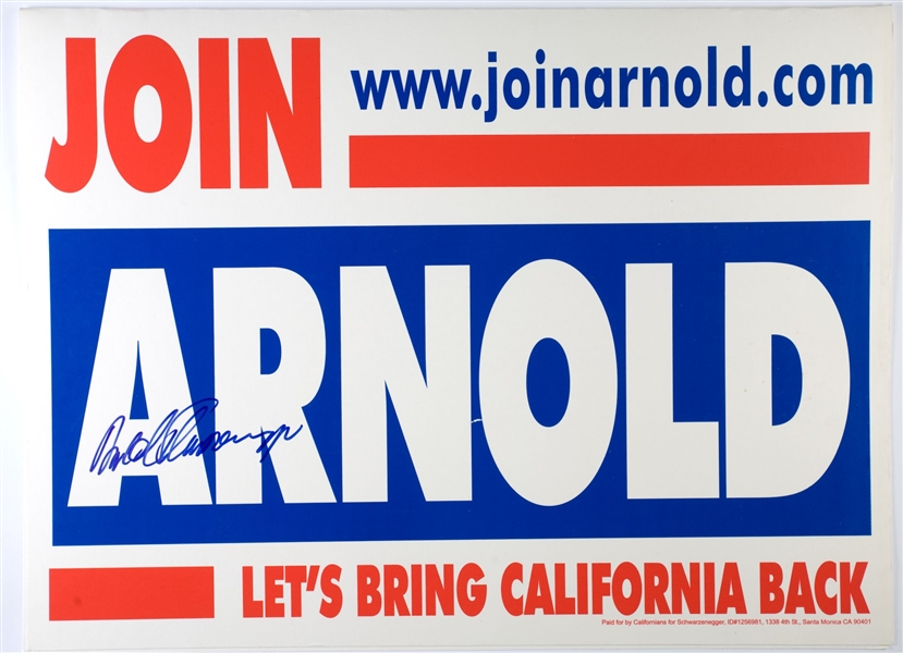 Arnold Schwarzenegger Signed RARE Vintage 16" x 20" Official Yard Campaign Sign (JSA LOA)(Ulrich Collection)