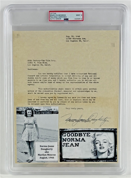 Marilyn Monroe ULTRA-RARE Signed Document w/ Mint 9 "Norma Jeane Dougherty" Autograph - Signed the Day of Her First Studio Contract! (PSA/DNA Encapsulated)