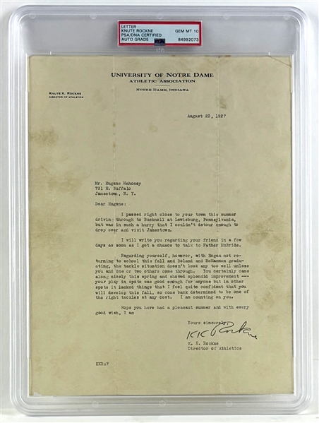 Notre Dame Legend Knute Rockne Signed Vintage Letter w/ Gem Mint 10 Auto! (PSA/DNA Encapsulated)