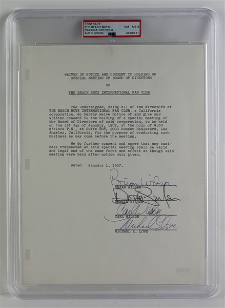 Beach Boys Signed 1967 Document Relating to Meeting as Directors of "The Beach Boys International Fan Club" (PSA/DNA Encapsulated & LOA)