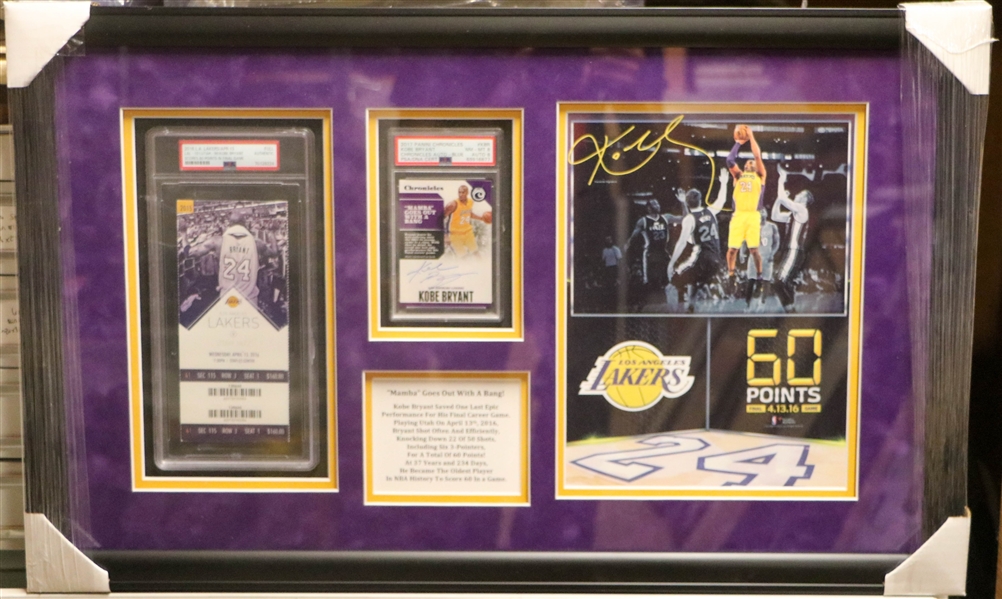 Kobe Bryant Framed Display with Signed 2017 Panini Chronicles Card & Ticket for Final Game (PSA/DNA)