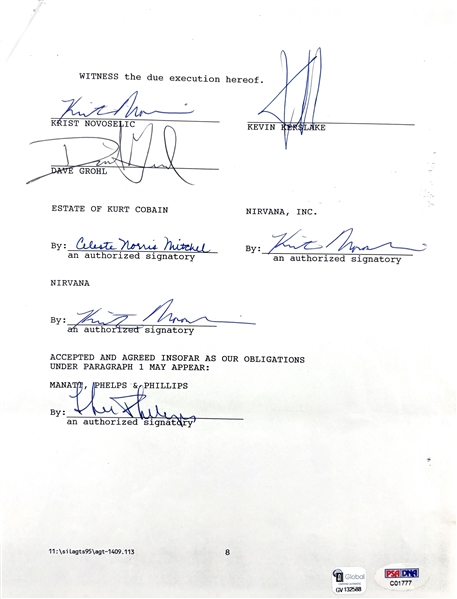 Nirvana: David Grohl & Krist Novoselic Signed Settlement Agreement with Kevin Kerslake Over "Heart Shaped Box" Video Lawsuit with Rare Grohl Full Name Autograph (PSA/DNA)