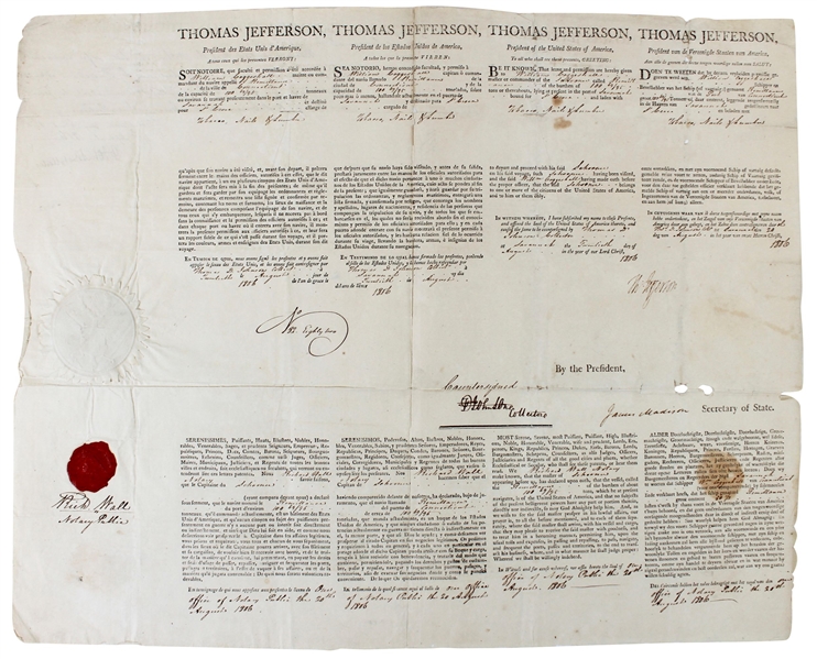 Thomas Jefferson and James Madison RARE Dual Signed 1806 4-Language Ships Papers (Beckett/BAS LOA)