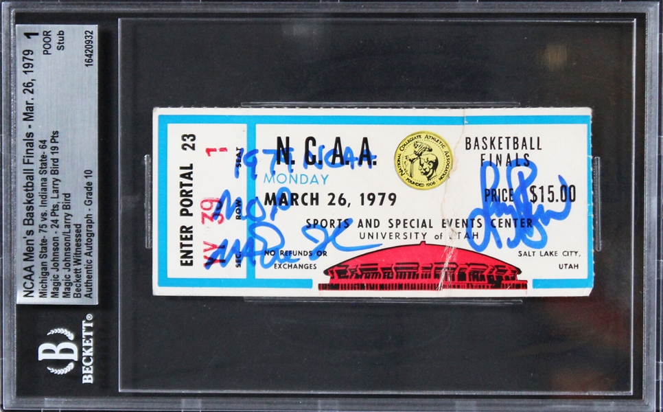 1979 NBA Finals Historic Bird vs Magic Game Ticket with GEM MINT 10 Autographs (Beckett/BAS Encapsulated)