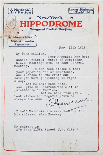 Harry Houdini Signed 1918 Letter with Society of American Magicians Reference (Beckett/BAS LOA)