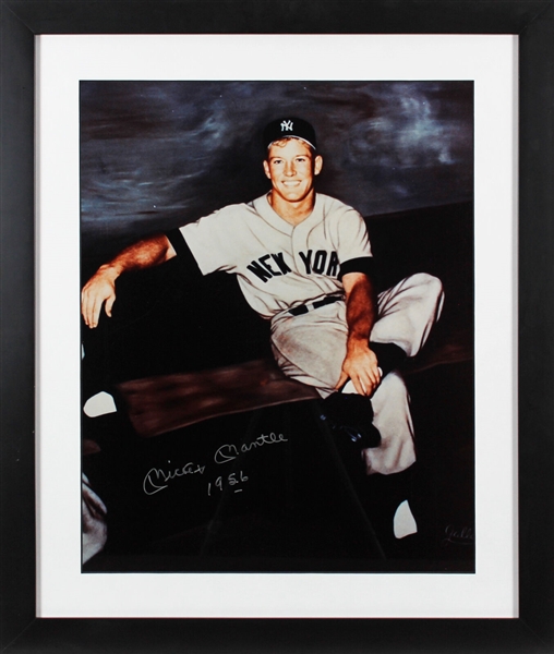 Mickey Mantle Signed 16" x 20" Bill Gallo Art Print with "1956" Inscription in Framed Display (Beckett/BAS LOA)