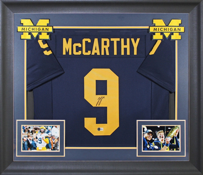 J.J. McCarthy Signed Michigan Wolverines Jersey in Custom Framed Display (Beckett/BAS Witnessed)