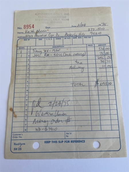 The Who: Keith Moon Personal Receipt from Audio Craft for Music Equipment