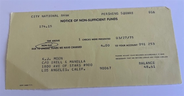 The Who: Keith Moon Personal Notice of Insufficient Funds from City National Bank 