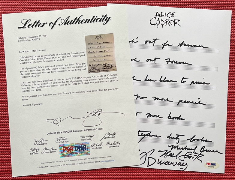 Alice Cooper Band Signed Page w/ Handwritten "Schools Out" Lyrics! (PSA/DNA LOA)