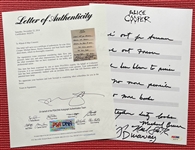 Alice Cooper Band Signed Page w/ Handwritten School's Out Lyrics! (PSA/DNA LOA)