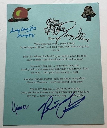 Allman Brothers: Incredibly Rare Group Signed "Blue Sky" Lyric Sheet w/ Inspiration Sandy Bluesky Wabegijig! (Third Party Guaranteed)