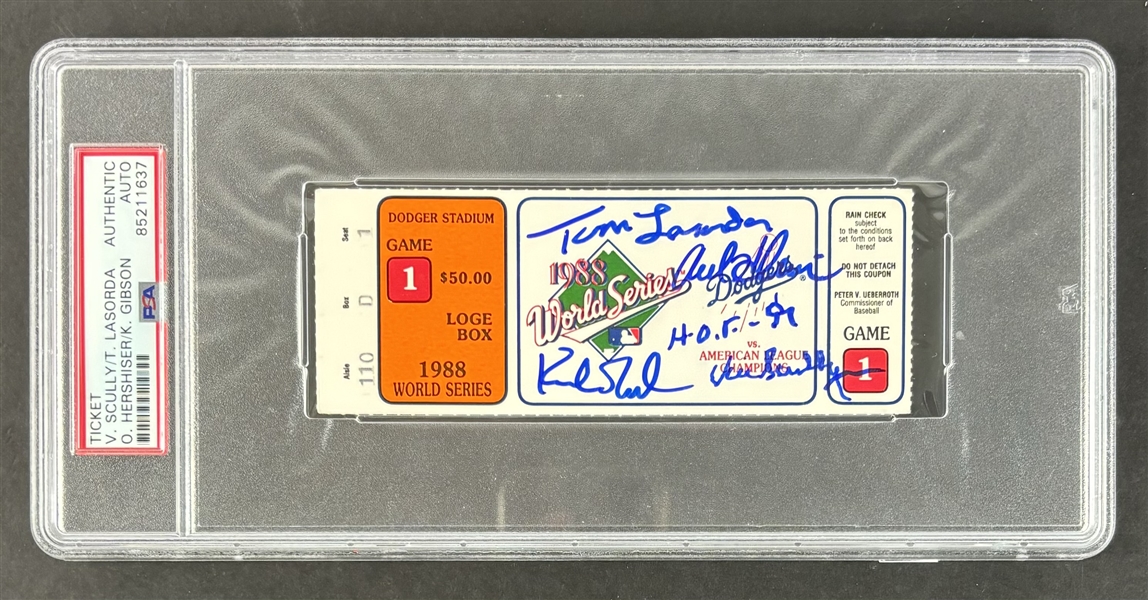 Dodgers: Vin Scully, Tommy Lasorda, Orel Hershiser, & Kirk Gibson Signed 1988 World Series Ticket (PSA/DNA)