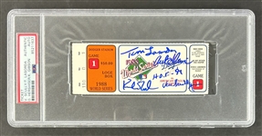 Dodgers: Vin Scully, Tommy Lasorda, Orel Hershiser, & Kirk Gibson Signed 1988 World Series Ticket (PSA/DNA)