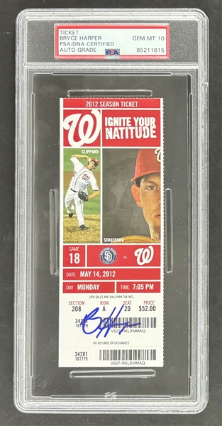 Bryce Harper Signed 2012 Ticket w/ Gem Mint 10 Auto! Harpers 1st Career HR (PSA/DNA Encapsulated)