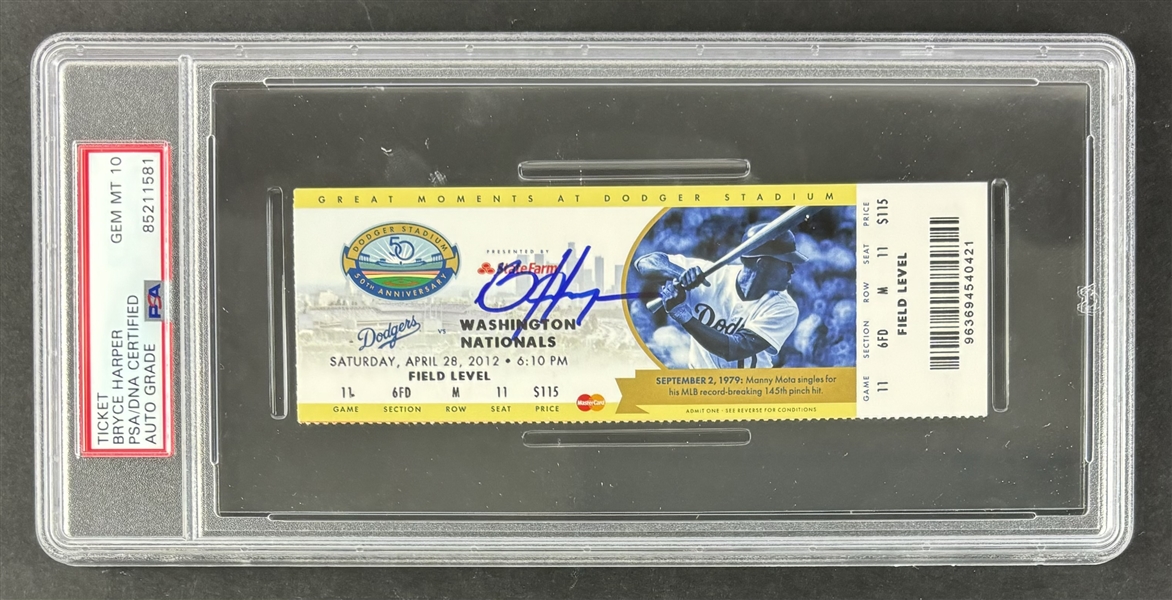 Bryce Harper Signed 2012 Ticket w/ Gem Mint 10 Auto! Harpers Debut,1st Hit! (PSA/DNA Encapsulated)