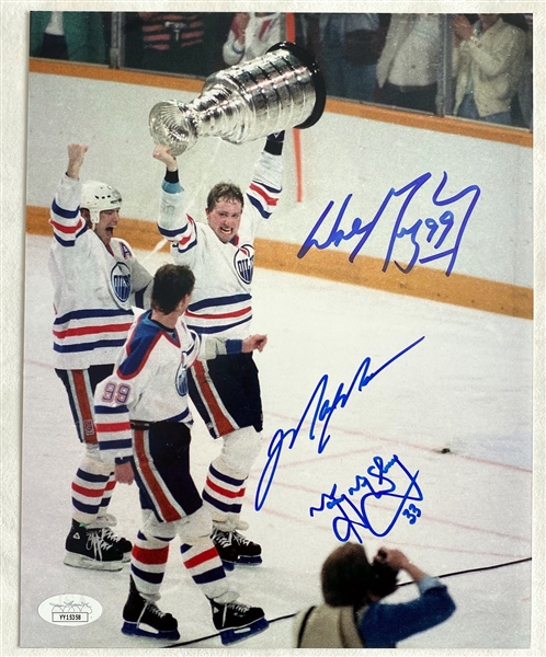 Wayne Gretzky, Mark Messier & Marty McSorley Triple Signed 1987 Edmonton Oilers Stanley Cup 8x10 With (JSA)