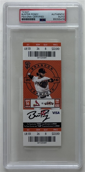 Buster Posey Signed 2021 Giants vs. Cardinals Ticket :: Posey 3 for 4, 4 RBIs, HR 802 Win :: WS Champ Year! (PSA/DNA Encapsulated)