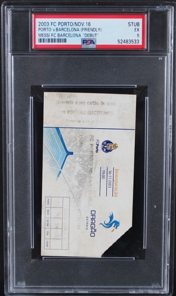 2003 FC Barcelona Ticket Stub From Lionel Messi FC Barcelona Debut Game (Friendly) On 11/16/2003 - PSA EX 5 - (Encapsulated)