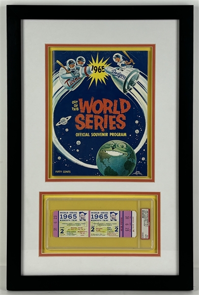Dodgers vs. Twins Full 1965 World Series Game Ticket w/ Mint 9 Grade & Program in Framed Display (PSA/DNA Encapsulated)