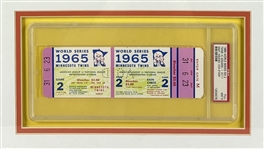 Dodgers vs. Twins Full 1965 World Series Game Ticket w/ Mint 9 Grade & Program in Framed Display (PSA/DNA Encapsulated)