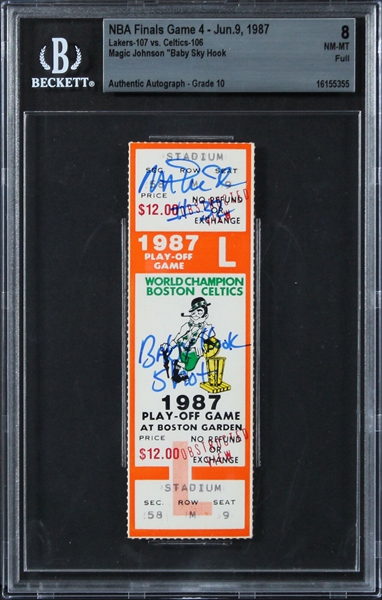 Magic Johnson Signed 1987 NBA Finals RARE Game 4 Full Ticket - Signed "Baby Sky Hook" - Magic Wins The Game! (Beckett/BAS GEM MINT 10 Auto)