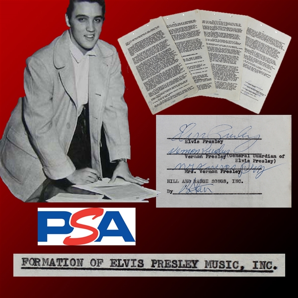 Elvis Presley Signed & 3x Initialed Rider Agreement for Historic 1955 Publishing Contract Establishing Elvis Legendary Publishing Catalog - Also Signed by Dad Vernon & Mama Presley! (PSA/DNA LOA)