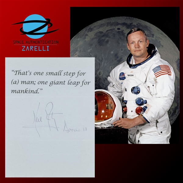 Neil Armstong Signed 5.75" x 7.75" Sheet with "One Small Step" Quote & "Apollo 11" Inscription! (Zarelli Space LOA)