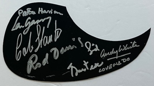 Beatles Universe Signed Pickguard w/ Quarrymen, Patti Harrison, & More! (6 Sigs)(Third Party Guaranteed)