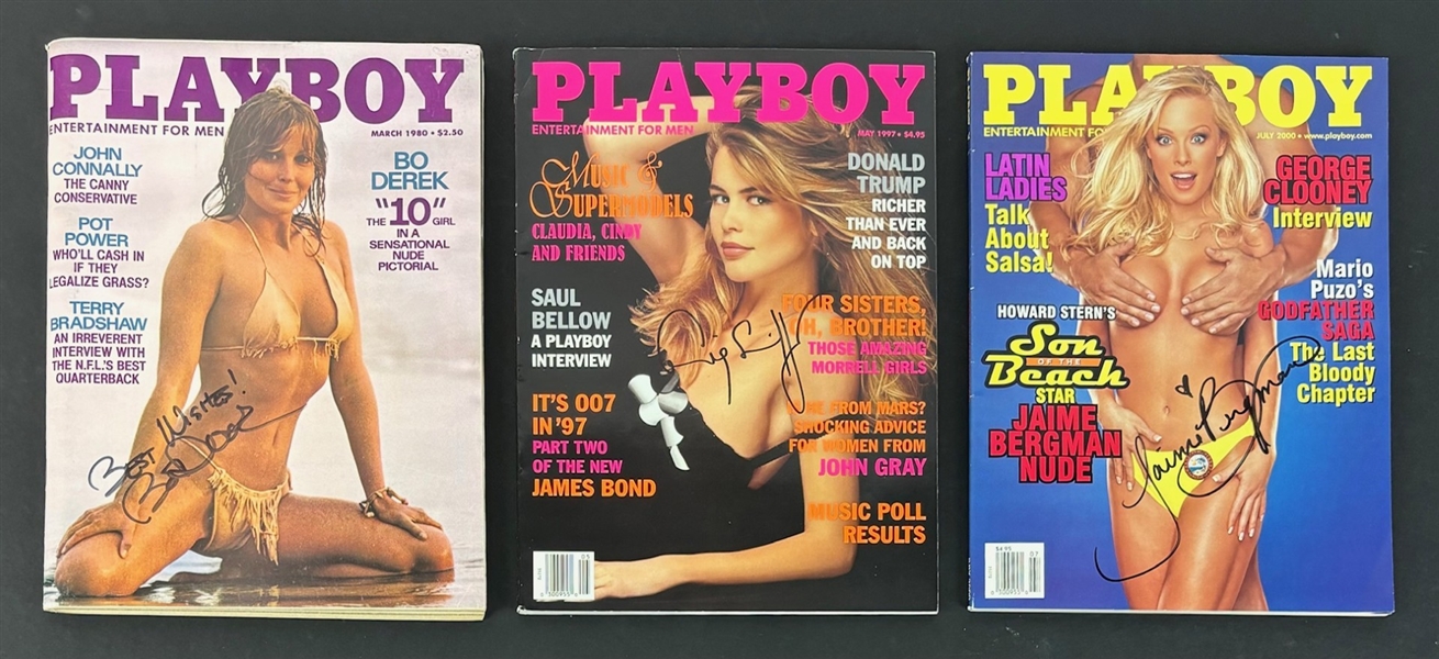 Lot of 3 Signed Playboy Magazines including Bo Derek, Claudia Schiffer, and Jaime Bergman   (Third Party Guarantee)