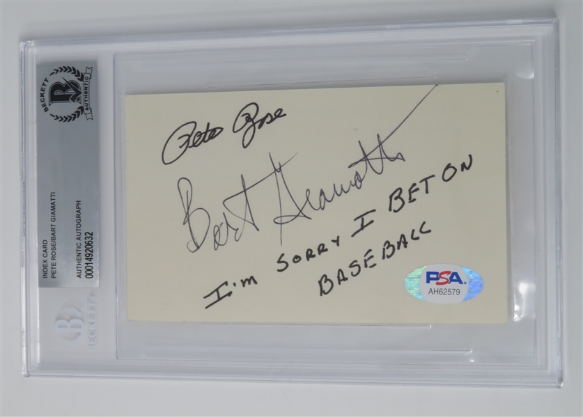 Pete Rose & Bart Giamatti Signed 3" x 5" Index Card (Beckett/BAS Encapsulated)(PSA/DNA COA & JSA LOA)
