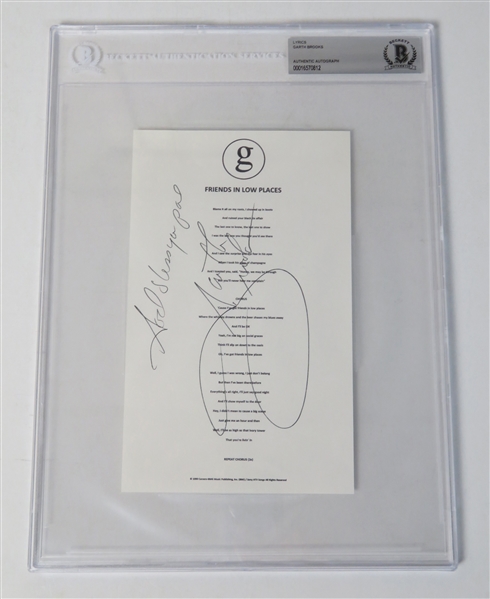 Garth Brooks Signed "Friends In Low Places" Lyric Sheet (Beckett/BAS Encapsulated & JSA COA)