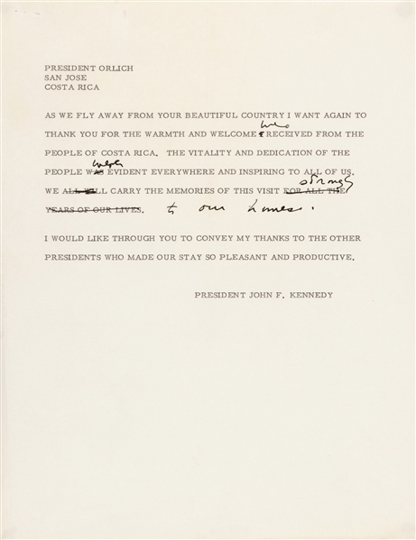 John F. Kennedy Telegram with Handwriting to the Costa Rican President Francisco Orlich (Third Party Guaranteed)