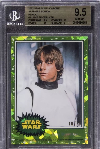 Star Wars Luke Skywalker Ltd. Ed. 2022 Topps Chrome Sapphire Peridot Trading Card #1 w/ Gem Mint 9.5 Grade! (Beckett/BAS Encapsulated)
