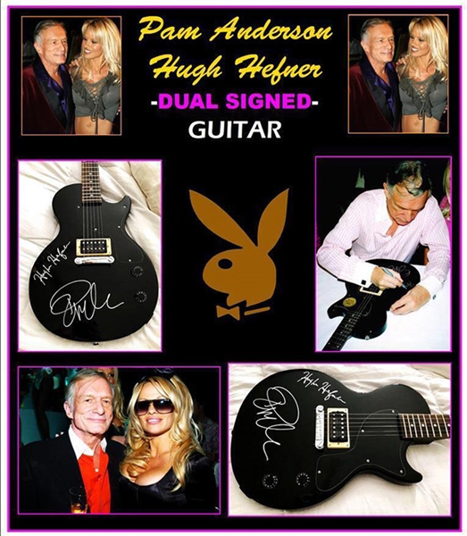 Hugh Hefner & Pamela Anderson RARE Dual Signed Guitar! Signing Photo!  (Beckett/BAS)