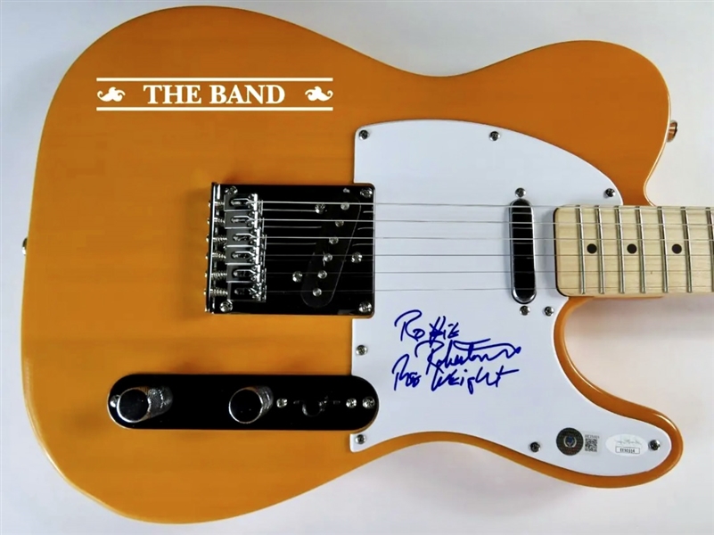 Robbie Robertson of THE BAND Signed Fender Squire Guitar w/ "The Weight" Song Title  (Beckett/BAS & JSA)