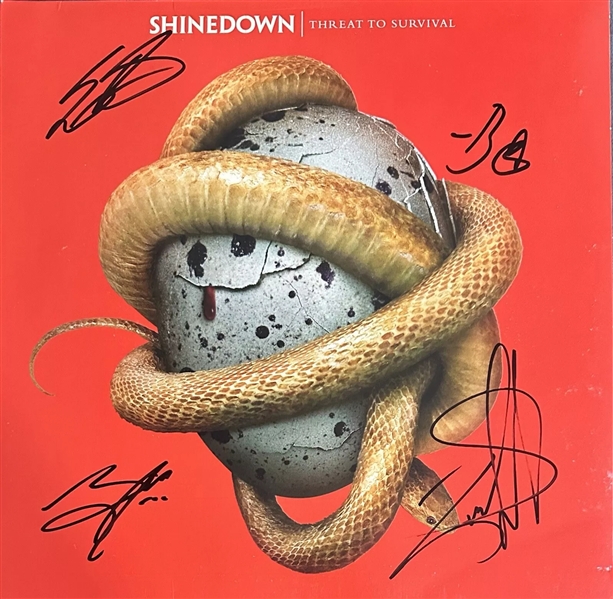 Shinedown: Group Signed "Threat to Survival" Album Cover (4 Sigs)(Beckett/BAS LOA)