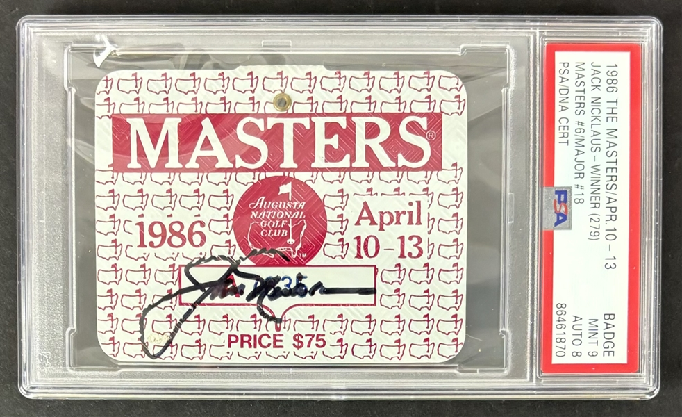 Jack Nicklaus Signed 1986 Masters Spectators Badge w/ NM-MT 8 Auto & Final Winning Year! (PSA/DNA Encapsulated Mint 9)