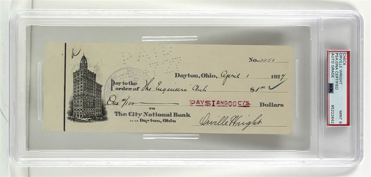 Orville Wright Signed Vintage 1927 Bank Check w/ Mint 9 Auto! (PSA/DNA Encapsulated)