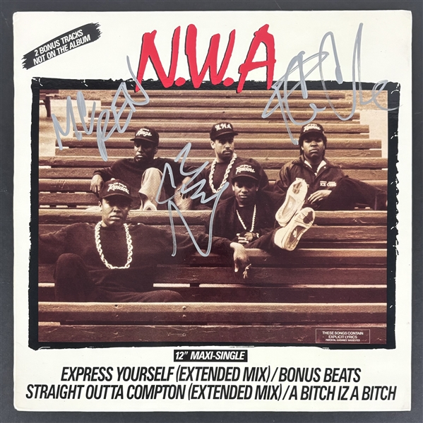 N.W.A Group Signed Album Cover w/ Ice Cube, DJ Yella & MC Ren (Beckett/BAS LOA)