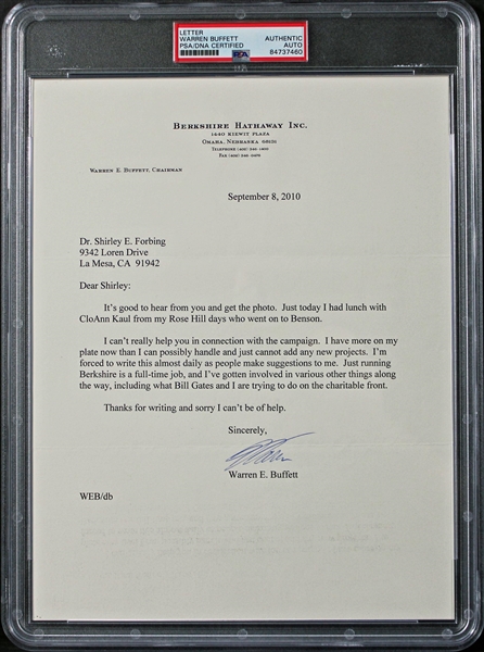 Warren Buffett Signed 8.5" x 11" Personal Letter on Berkshire Hathaway Letterhead (PSA/DNA Encapsulated)