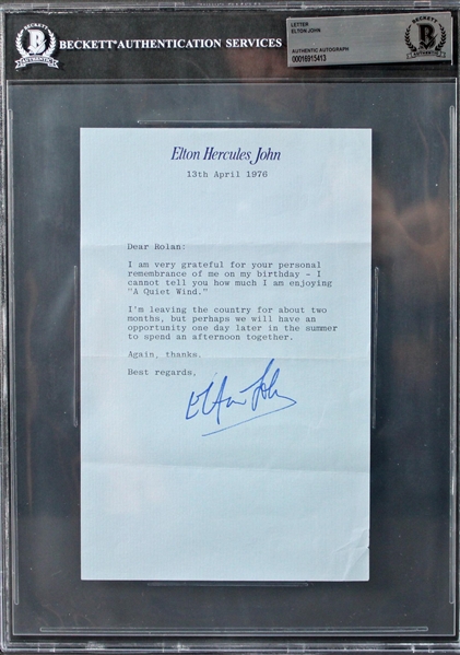 Elton John Signed Vintage 1976 Personal Letter (Beckett/BAS Encapsulated)(JSA LOA)