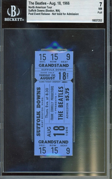 The Beatles Original 1966 Concert Ticket @ Suffolk Downs w/ NM 7 Grade! (Beckett/BAS Encapsulated)