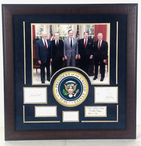 US Presidents Custom Framed Display - 5/Sigs including Reagan Bush, Carter, Nixon & Ford (JSA)